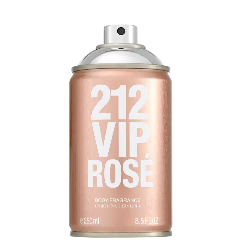 Frasco de body spray Carolina Herrera 212 VIP Rose, com embalagem em tons de rosa e branco, contendo 250 ml do produto.