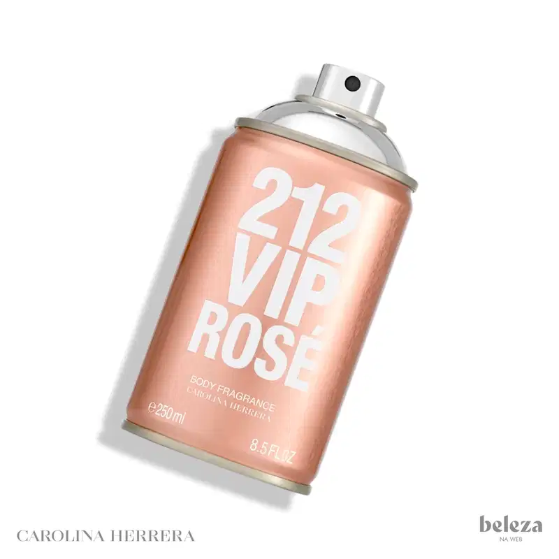 Frasco de body spray Carolina Herrera 212 VIP Rose, com embalagem em tons de rosa e branco, contendo 250 ml do produto.