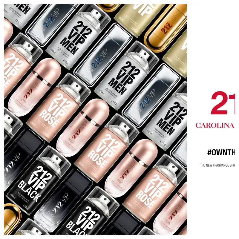 A imagem mostra diversos frascos de perfumes da marca Carolina Herrera, incluindo as linhas 212 VIP Men e 212 VIP Rose.