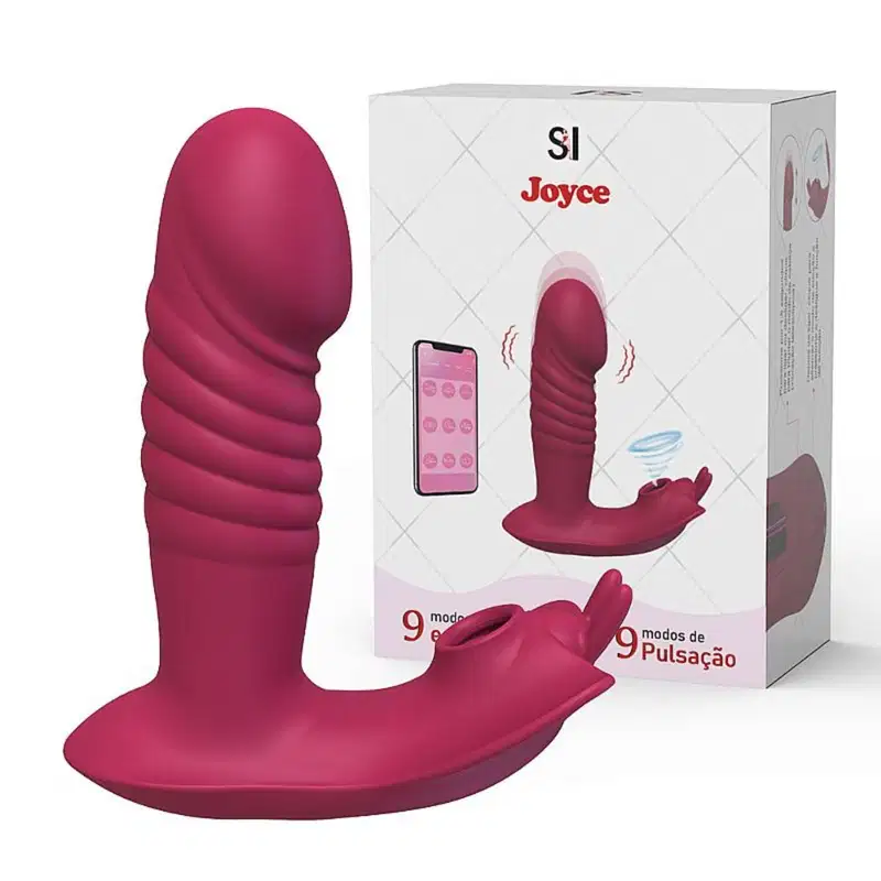 Vibrador rosa com 9 modos de vibração, embalado em caixa branca com logotipo "Sexy Import Joyce" e informações sobre o produto. Possui formato anatômico e textura aveludada.