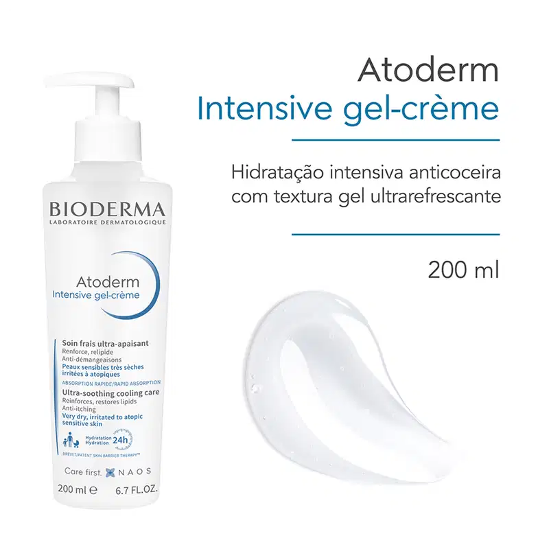 Frasco branco com bomba doseadora da marca Bioderma, contendo "Atoderm Intensive gel-creme", um produto de hidratação intensiva anticoceira com textura gel ultrarefrescante, com volume de 200 ml.
