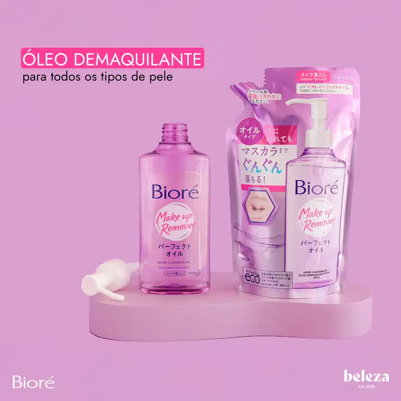 Ambiente de produtos de beleza da marca Bioré, com embalagens em tons de rosa e roxo, destacando um óleo demaquilante e um refil