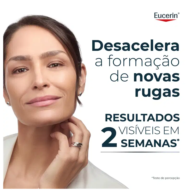 Uma mulher madura com cabelos escuros e expressão serena, com texto "Desacelera a formação de novas rugas" e "Resultados visíveis em 2 semanas" sobre a marca Eucerin.