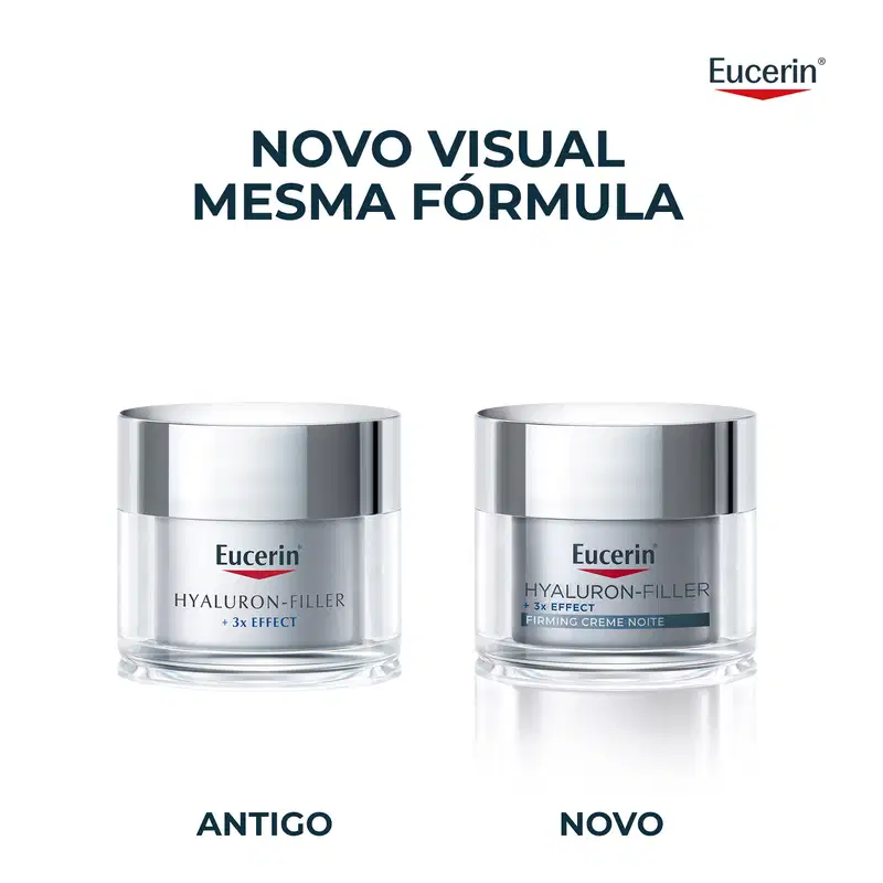 Duas embalagens de produtos Eucerin Hyaluron-Filler, uma com texto "Hyaluron-Filler + 3x Effect" e outra com "Hyaluron-Filler + 3x Effect Firming Creme Noite", ambas com design prateado e branco.