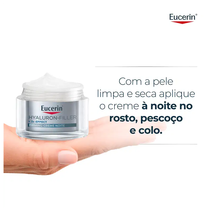 Imagem de um pote de creme facial da marca Eucerin, com texto "Hyaluron-Filler + 3x Effect Firming Creme Noite" e "Com a pele limpa e seca, aplique o creme à noite no rosto, pescoço e colo".