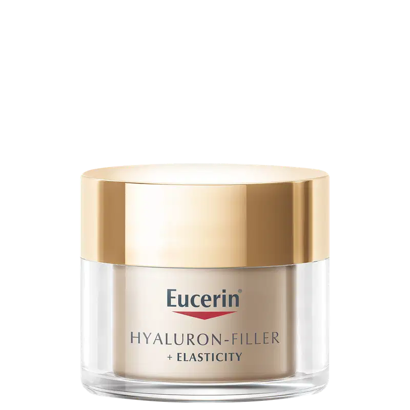 Frasco de creme facial da marca Eucerin, com tampa dourada e rótulo em branco e azul, contendo a inscrição "Hyaluron-Filler + Elasticity".