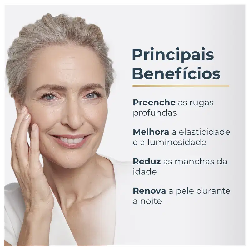 Mulher sorridente com cabelos grisalhos, com texto "Principais Benefícios" listando melhorias na elasticidade, luminosidade, redução de manchas e renovação da pele durante a noite.
