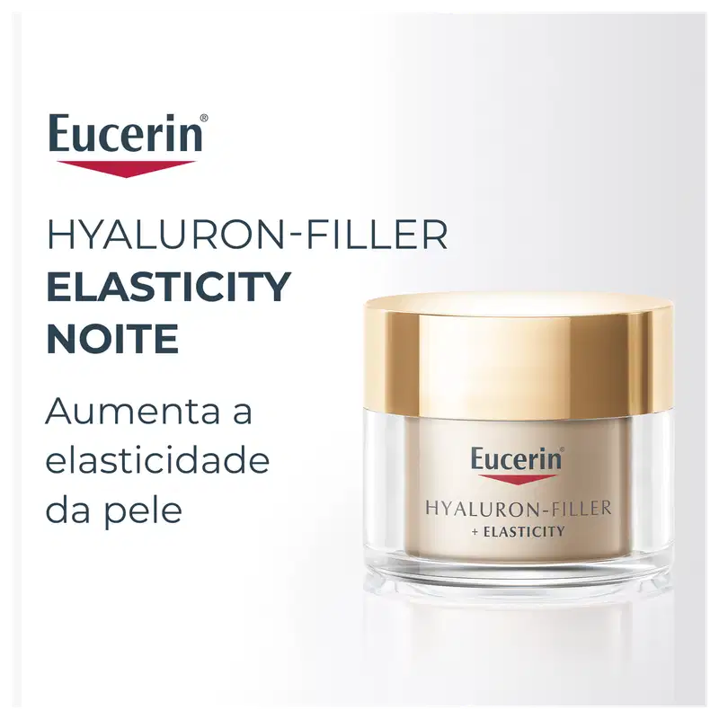 Pote de creme facial da marca Eucerin com textura cremosa e acabamento brilhante, em embalagem de vidro com tampa dourada, sobre superfície clara.