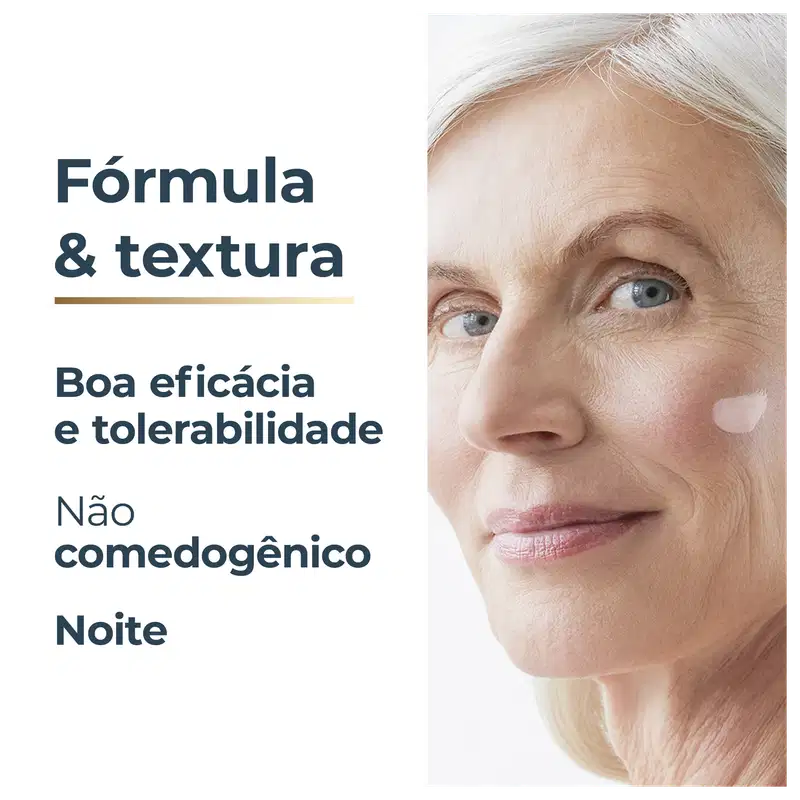 Embalagem de item de perfumaria com texto "Fórmula & textura", "Boa eficácia e tolerabilidade", "Não comedogênico" e "Noite". Embalagem com design minimalista em tons de cinza e branco.