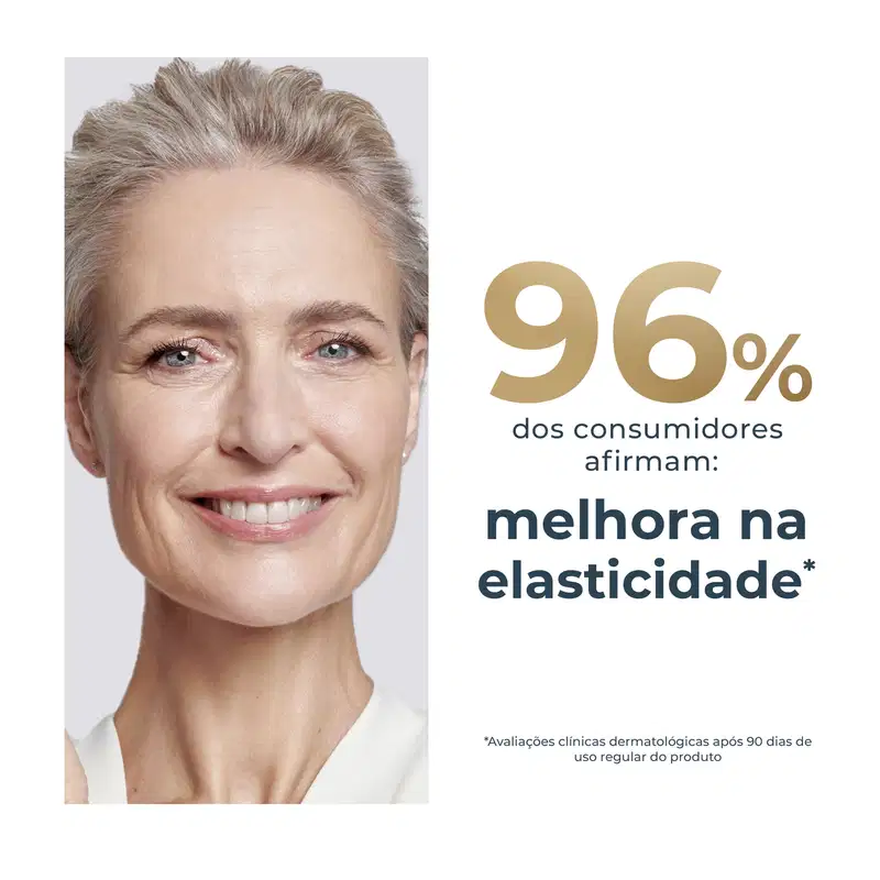 Mulher idosa de cabelos grisalhos sorrindo, com texto "96% dos consumidores afirmam: melhora na elasticidade*" e informação sobre avaliações clínicas dermatológicas.