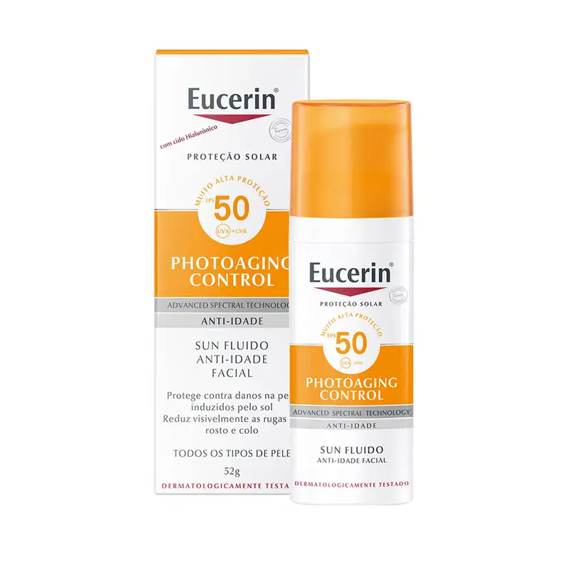 Caixa e frasco de protetor solar Eucerin Photoaging Control com FPS 50, embalagem branca e laranja, destacando a tecnologia avançada de espectro e propriedades anti-idade.