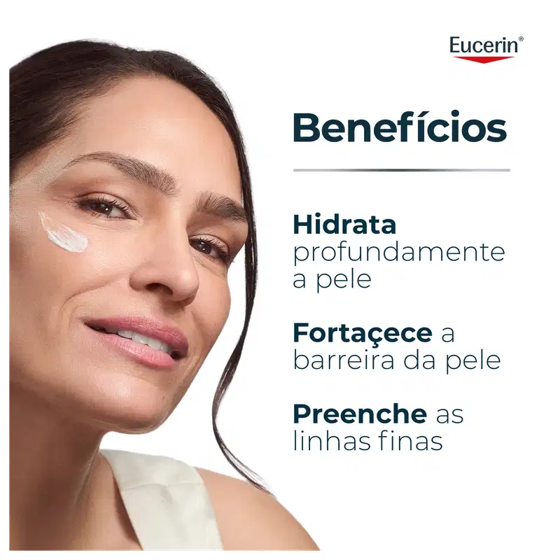 Imagem de produto de cuidados para pele da marca Eucerin, com texto "Benefícios: Hidrata profundamente a pele, Fortalece a barreira da pele, Preenche as linhas finas".