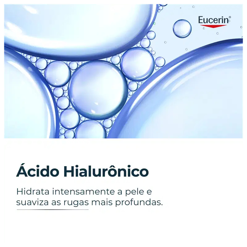 Imagem de bolhas e gotas de água em tons de azul, com o texto "Eucerin" e "Ácido Hialurônico" visível. O texto indica que o produto hidrata intensamente a pele e suaviza as rugas mais profundas.