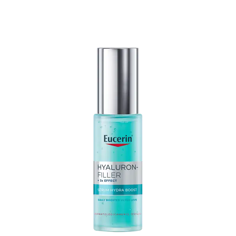 Frasco de sérum hidratante da marca Eucerin, com rótulo em azul claro e texto "Hyaluron-Filler + 3x Effect Serum Hydra Boost" em branco.