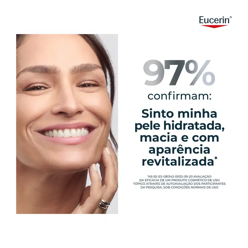 Imagem de uma mulher sorrindo, com texto "97% confirmam: Sinto minha pele hidratada, macia e com aparência revitalizada" e logotipo da marca Eucerin.