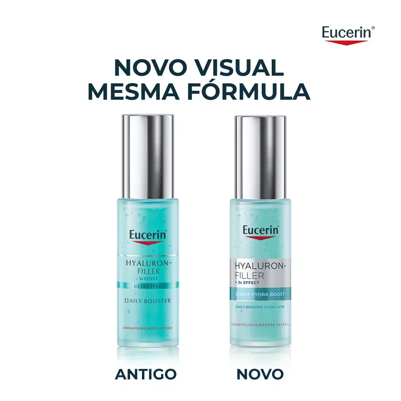 Dois frascos de item de perfumaria da marca Eucerin, com rótulos contendo os dizeres "Hyaluron-Filler + 3x Effect" e "Serum Hydra Boost Daily Booster Ultra Leve".