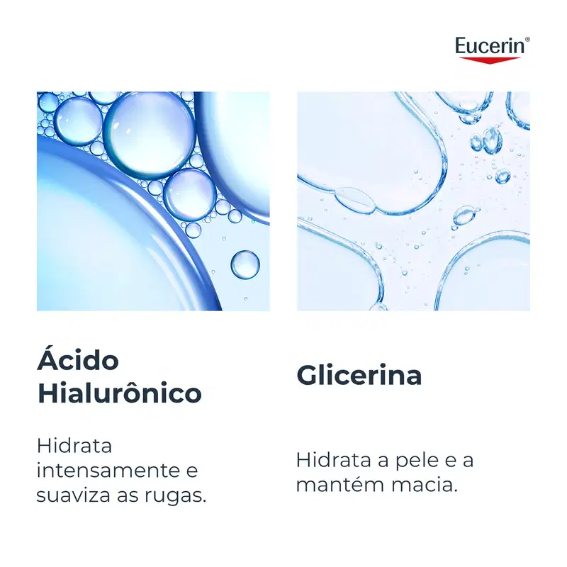 Imagem com bolhas e gotas de água azuladas, com os textos "Ácido Hialurônico" e "Glicerina". O texto indica que o Ácido Hialurônico hidrata intensamente e suaviza as rugas, enquanto a Glicerina hidrata a pele e a mantém macia.