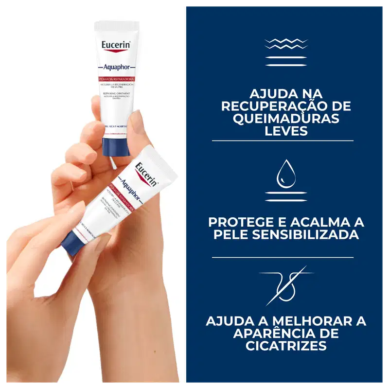 Embalagem de creme Eucerin Aquaphor para recuperação de queimaduras leves, com texto "Ajuda na recuperação de queimaduras leves" e "Protege e acalma a pele sensibilizada".