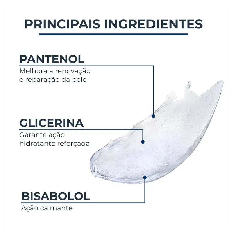 Imagem mostra os principais ingredientes de um produto de cuidados para a pele: Pantenol, que melhora a renovação e reparação da pele; Glicerina, que garante ação hidratante reforçada; e Bisabolol, com ação calmante.