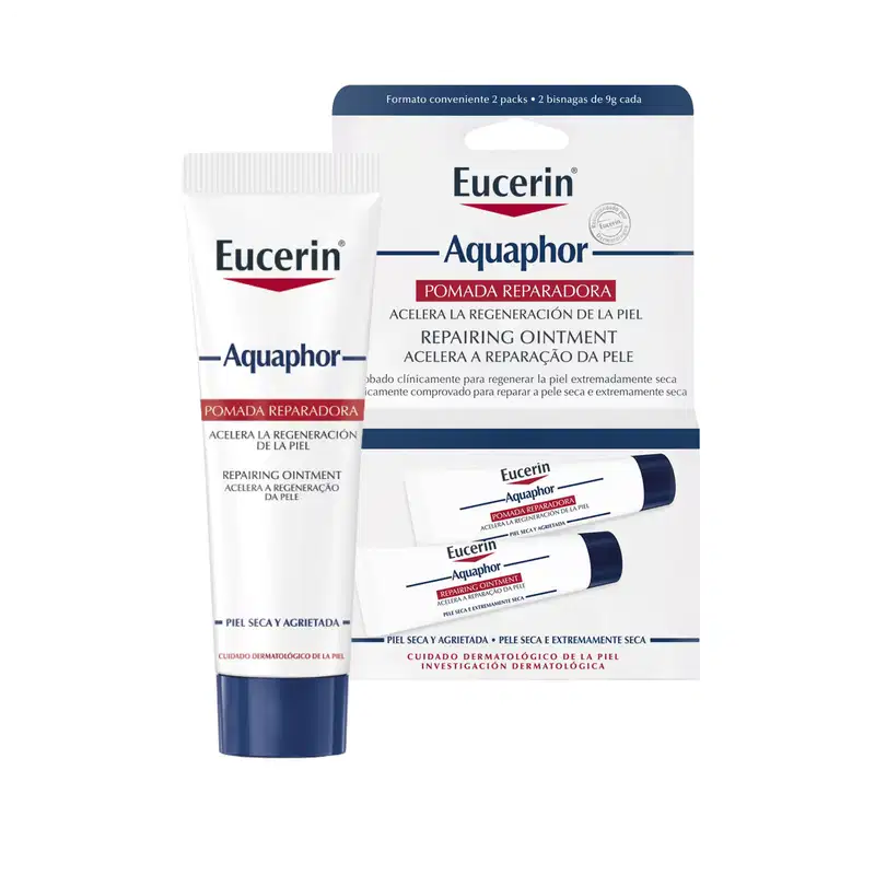 Conjunto de 2 bisnagas de pomada reparadora Eucerin Aquaphor, com embalagem azul e branca, que acelera a regeneração da pele seca e extremamente seca.