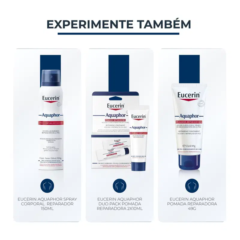 Três produtos da marca Eucerin Aquaphor: spray corporal reparador, duo pack de pomada reparadora e pomada reparadora em embalagem de 49g, com informações sobre os benefícios e características de cada item.