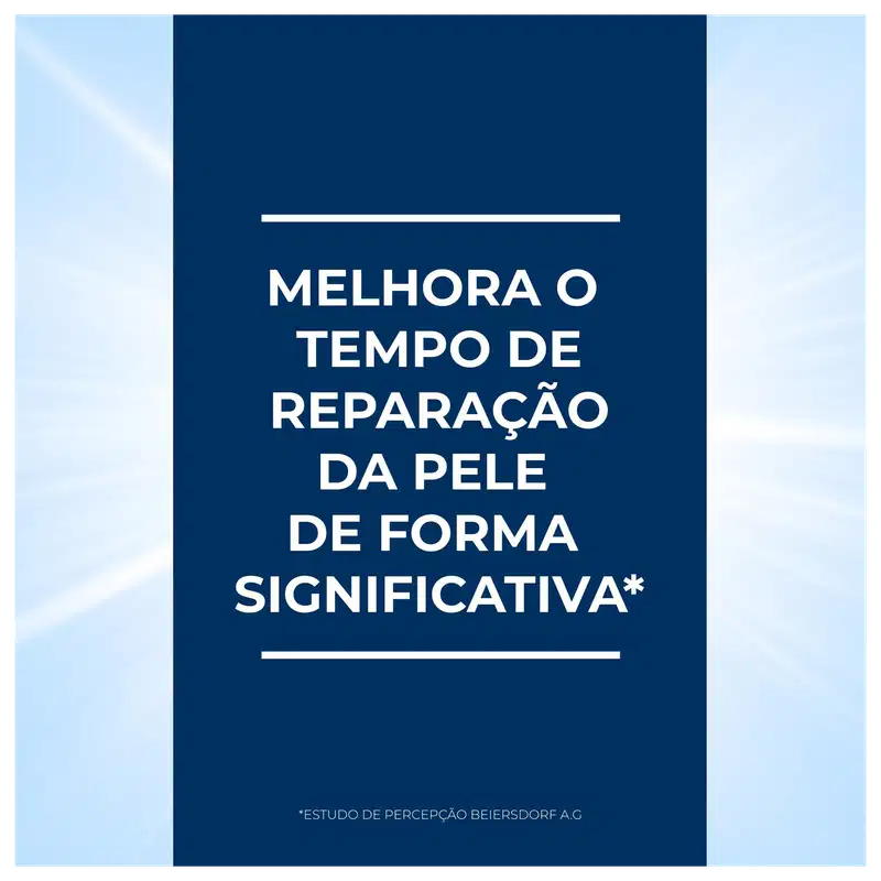 Imagem de fundo azul com texto branco: "MELHORA O TEMPO DE REPARAÇÃO DA PELE DE FORMA SIGNIFICATIVA*. *ESTUDO DE PERCEPÇÃO BEIERSDORF A.G."