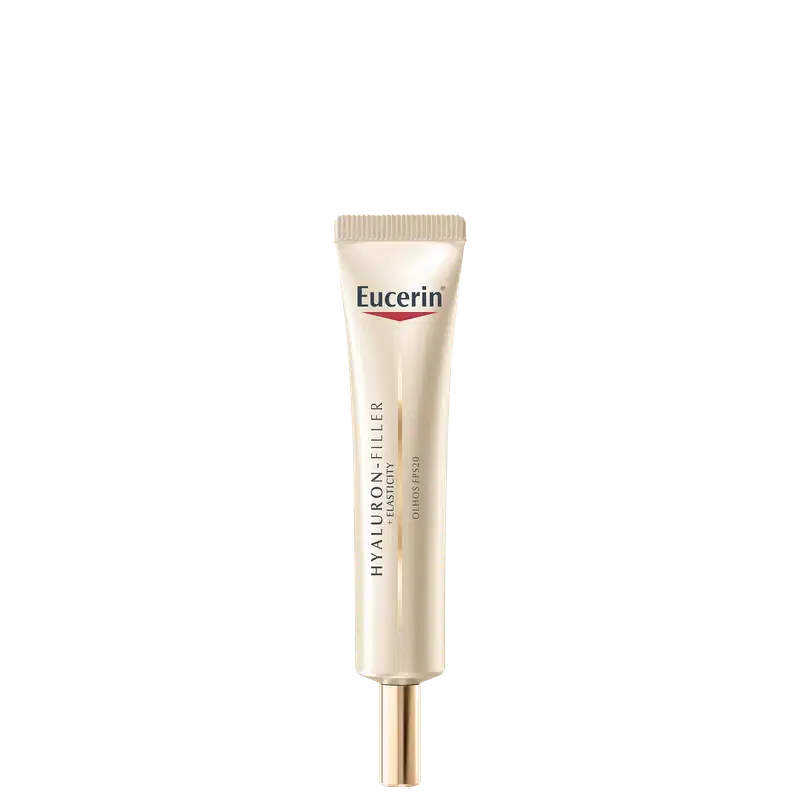 Bisnaga de item de perfumaria da marca Eucerin, com rótulo em tons de azul e vermelho, contendo texto "Hyaluron-Filler" e "Olhos Pró".