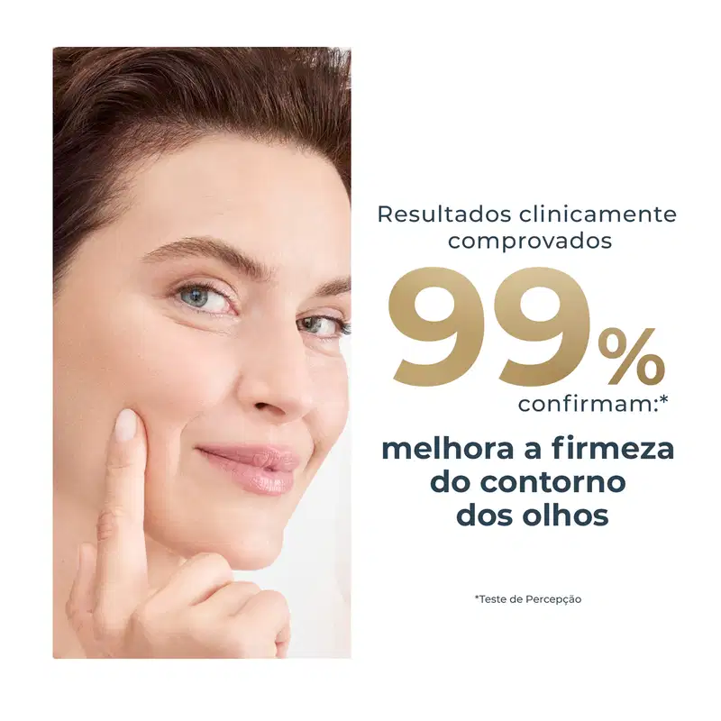 Uma mulher madura com cabelos castanhos e olhar sereno, com texto informando "Resultados clinicamente comprovados 99% confirmam: melhora a firmeza do contorno dos olhos".