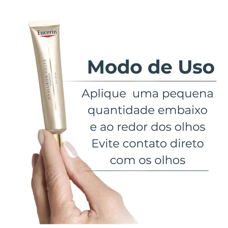 Tubo de creme da marca Eucerin com texto "Modo de Uso" e instruções sobre como aplicar o produto cuidadosamente em torno dos olhos, evitando contato direto.