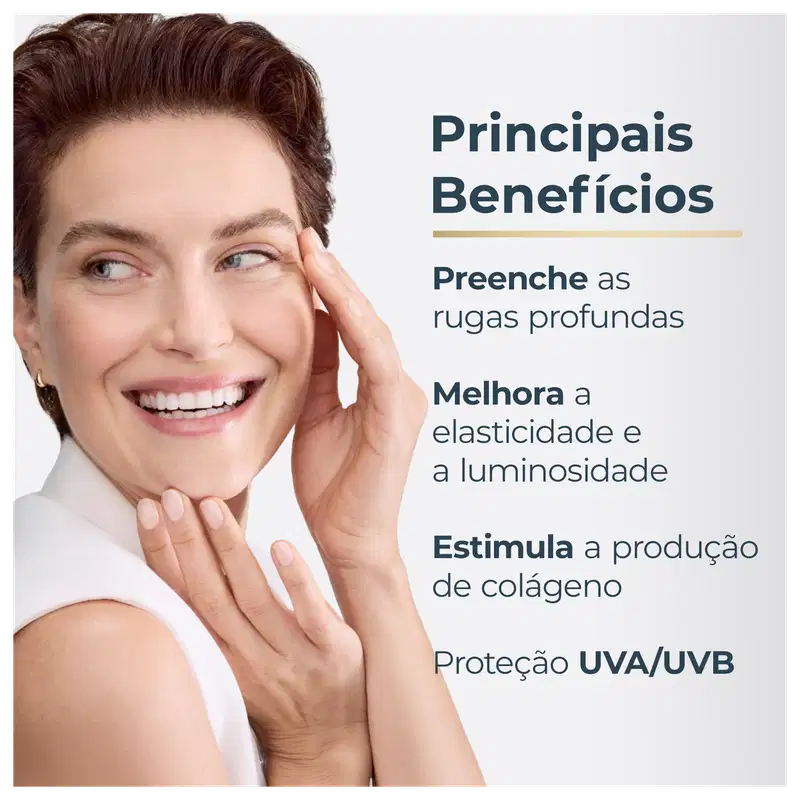 Mulher sorridente com pele radiante, texto "Principais Benefícios: Preenche as rugas profundas, Melhora a elasticidade e a luminosidade, Estimula a produção de colágeno, Proteção UVA/UVB".