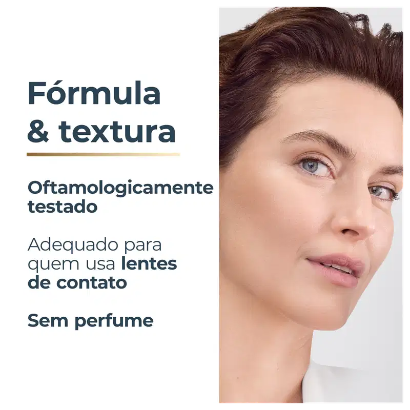 Embalagem de item de perfumaria com fórmula e textura testadas oftalmologicamente, adequada para usuários de lentes de contato, sem perfume.