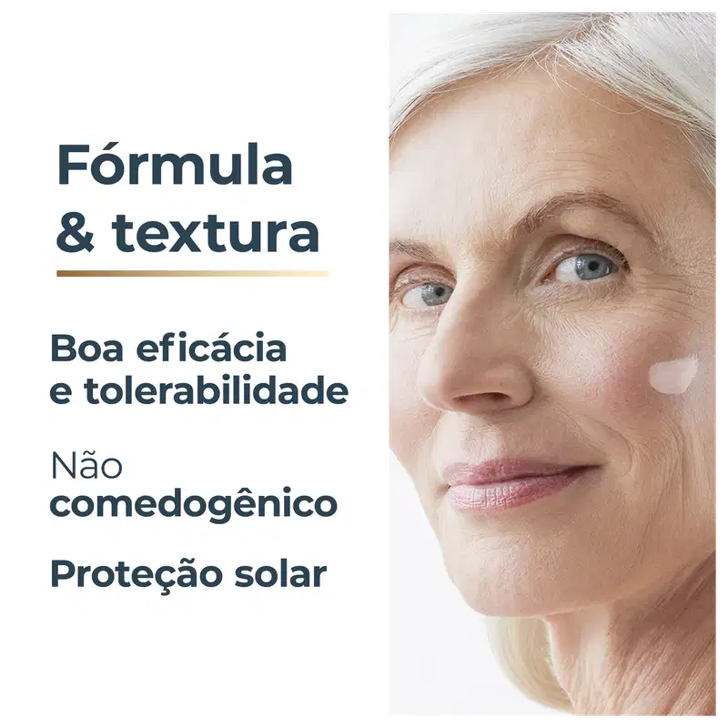 Uma mulher idosa com cabelos brancos e pele clara olhando diretamente para a câmera. O texto visível na imagem inclui "Fórmula & textura", "Boa eficácia e tolerabilidade", "Não comedogênico" e "Proteção solar".