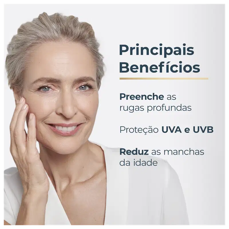 Mulher sorridente com cabelos curtos e loiros, com texto "Principais Benefícios: Preenche as rugas profundas, Proteção UVA e UVB, Reduz as manchas da idade".
