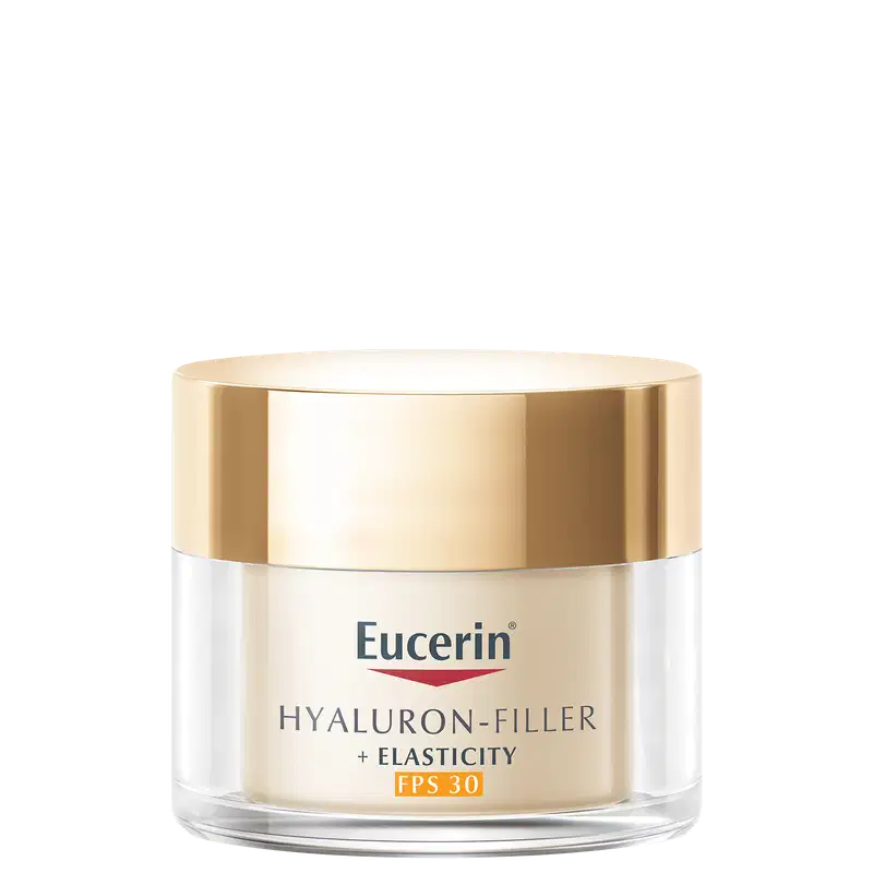 Frasco de creme facial da marca Eucerin, com tampa dourada e rótulo branco, contendo informações sobre o produto "Hyaluron-Filler + Elasticity FPS 30".