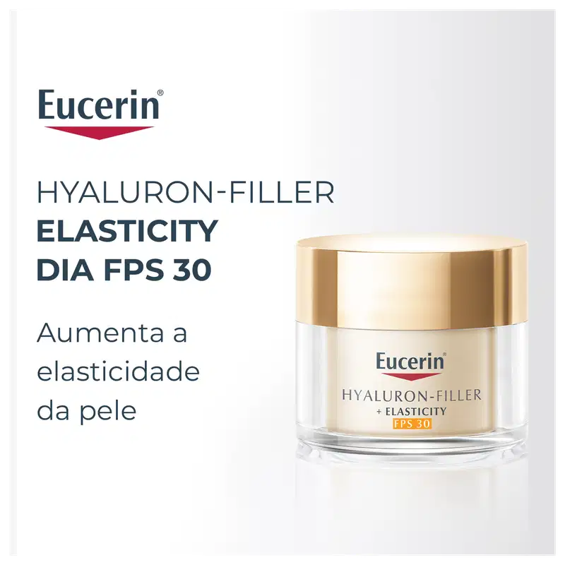Embalagem de item de perfumaria da marca Eucerin, com texto "Hyaluron-Filler Elasticity DIA FPS 30" e imagem do produto, um pote de creme branco com tampa dourada.