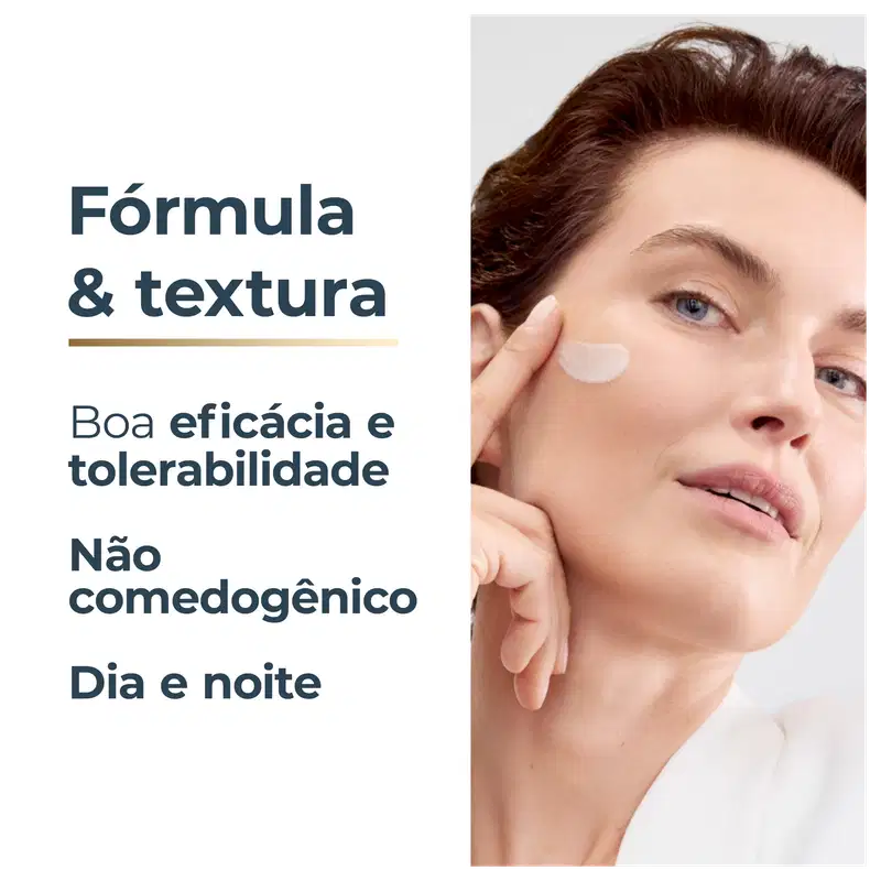 Imagem de uma mulher aplicando um produto de cuidados para a pele em seu rosto. O texto visível na imagem diz "Fórmula & textura", "Boa eficácia e tolerabilidade", "Não comedogênico" e "Dia e noite".