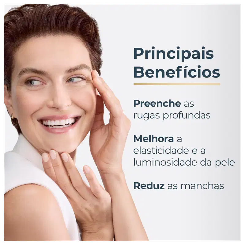 Uma mulher sorridente com cabelos castanhos e pele clara, com texto "Principais Benefícios" listando melhorias na elasticidade, luminosidade e redução de manchas da pele.