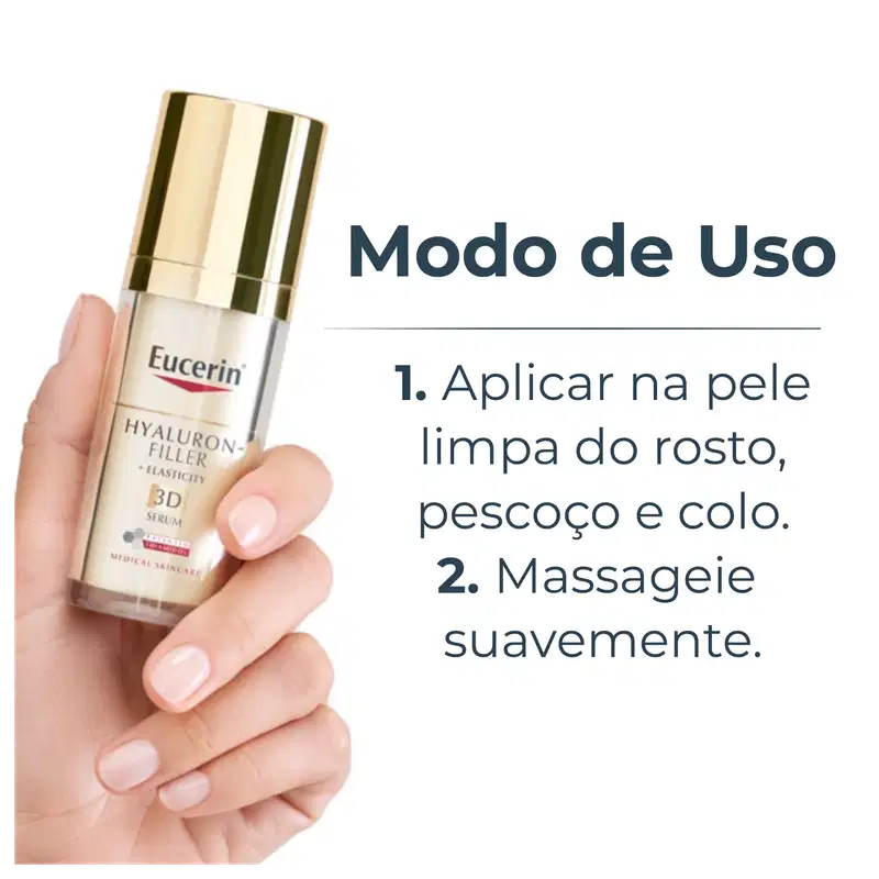 Embalagem de item de perfumaria da marca Eucerin, com texto "Hyaluron-Filler + Elasticity 3D Serum" e instruções de uso em português: "1. Aplicar na pele limpa do rosto, pescoço e colo. 2. Massageie suavemente."