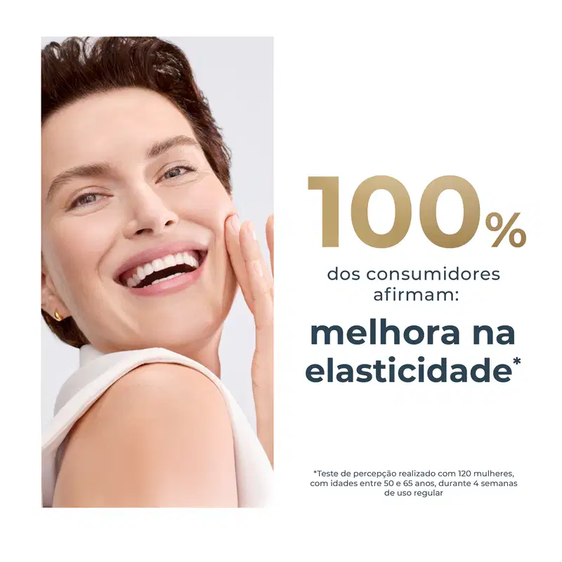 Uma mulher sorridente. O texto afirma que 100% dos consumidores afirmam que o produto melhora a elasticidade da pele, com base em um teste realizado com 120 mulheres entre 50 e 65 anos durante 4 semanas.