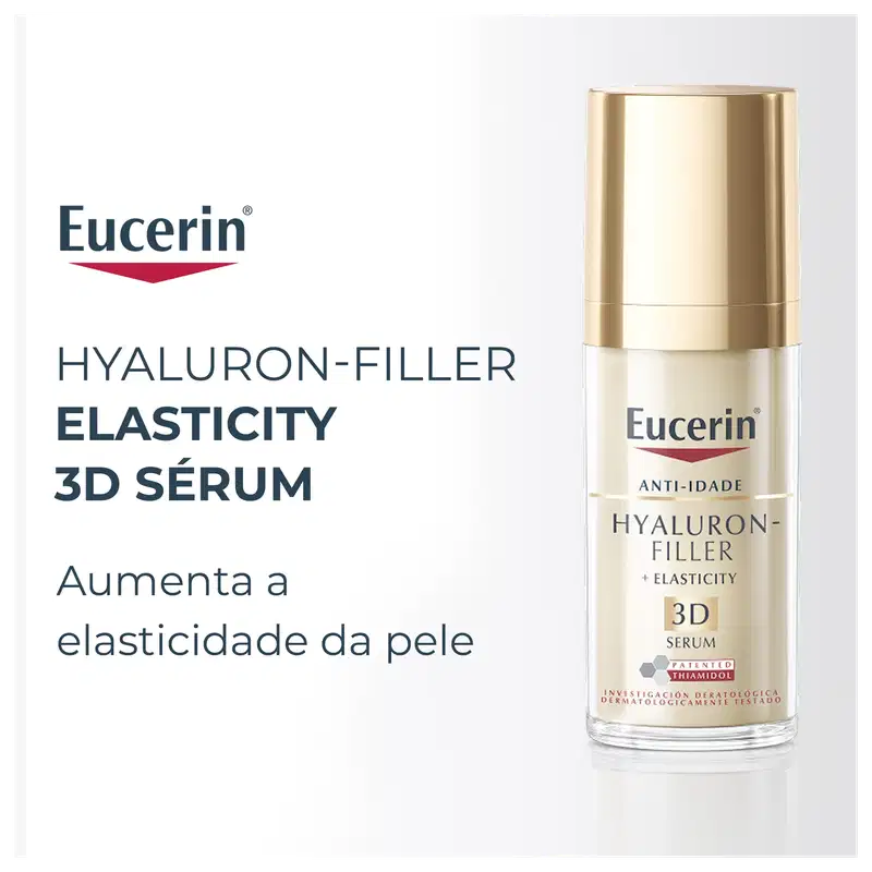 Frasco de sérum facial da marca Eucerin, com rótulo indicando "Hyaluron-Filler Elasticity 3D Serum" e "Aumenta a elasticidade da pele".