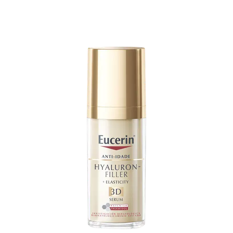 Frasco de vidro dourado com rótulo branco e vermelho da marca Eucerin, contendo um soro antienvelhecimento com ácido hialurônico e elasticidade, indicado para tratamento da pele.