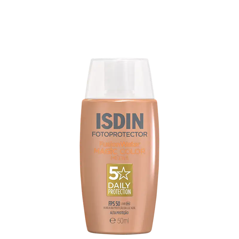 Frasco de protetor solar ISDIN Fotoprotector Fusion Water Magic Color Media, com fator de proteção solar 50.