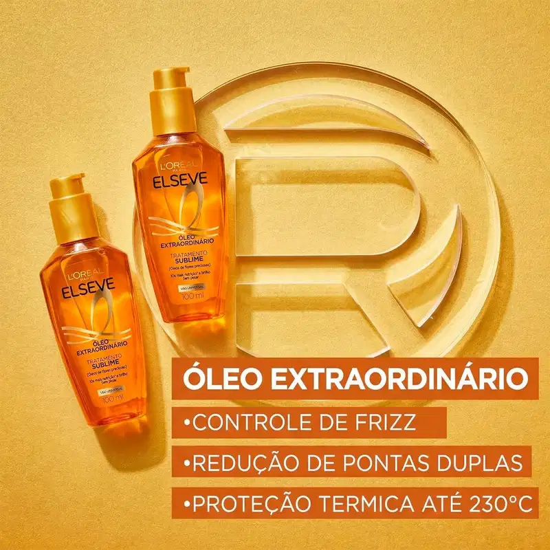 Óleo extraordinário. Controle de frizz. Redução de pontas duplas. Proteção térmica até 230°C.