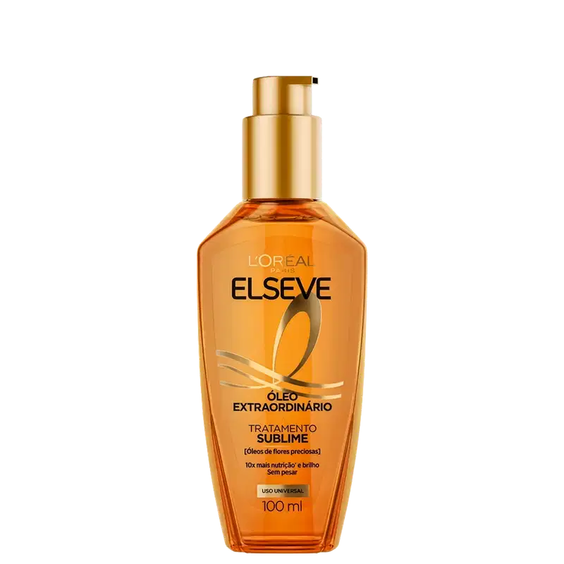 Frasco de óleo capilar da marca L'Oréal Elseve, com embalagem em tom laranja e dourado. 