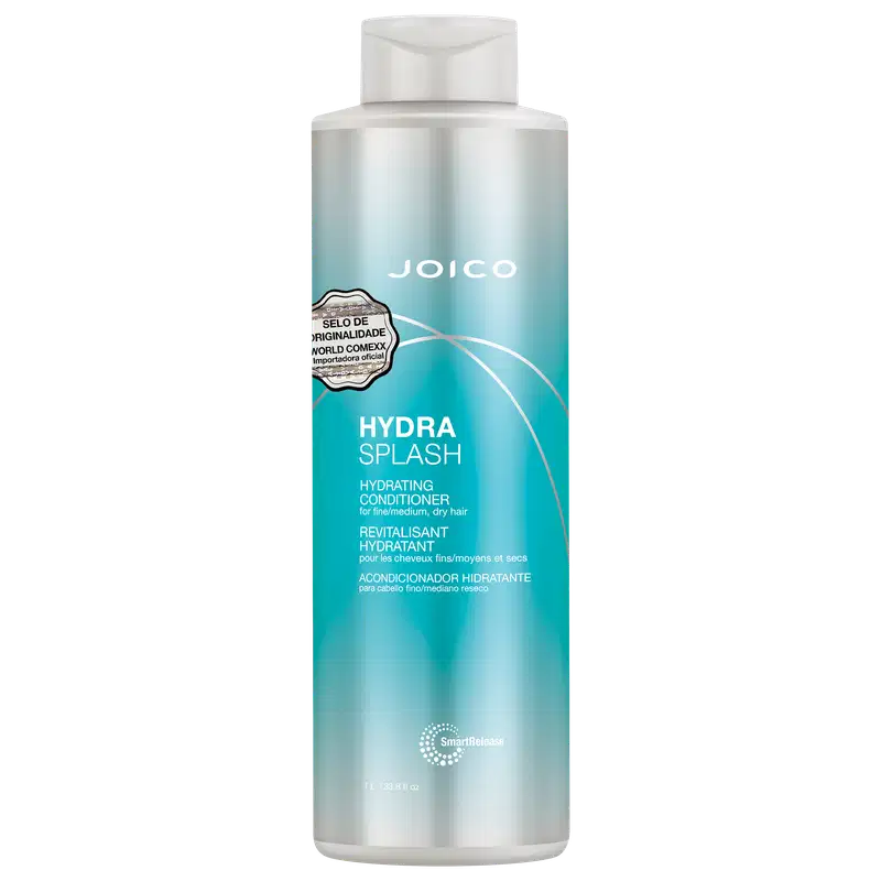 Frasco de condicionador hidratante da marca Joico, com textura fluida e tonalidade azul degradê, rotulado como "Hydra Splash Hydrating Conditioner" para cabelos finos a médios.