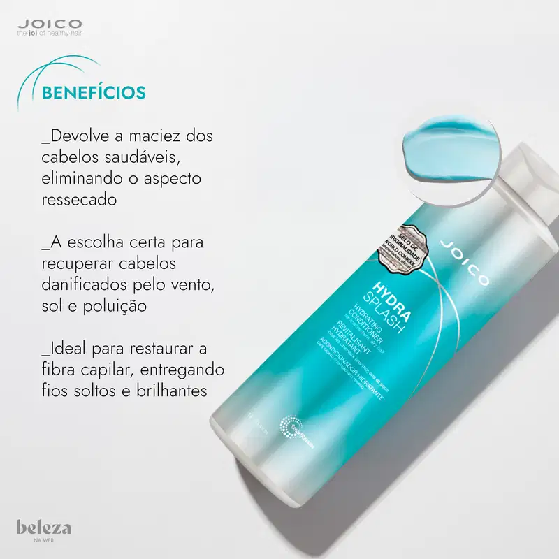 Frasco de condicionador hidratante da marca Joico. Devolve a maciez dos cabelos saudáveis; A escolha certa para recuperar cabelos danificados pelo vento, sol e poluição; Ideal para restaurar a fibra capilar, entregando fios soltos e brilhantes.