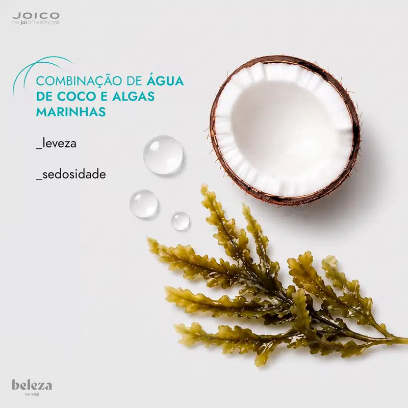 Combinação de água de coco e algas marinhas. Leveza e Sedosidade.
