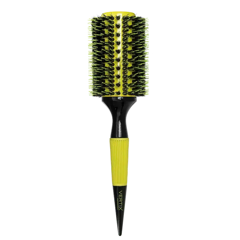 Escova de cabelo redonda preta e amarela com cerdas verdes, com o nome "VERITX" impresso no cabo. O produto parece ser uma escova de cabelo com design moderno e cores contrastantes.