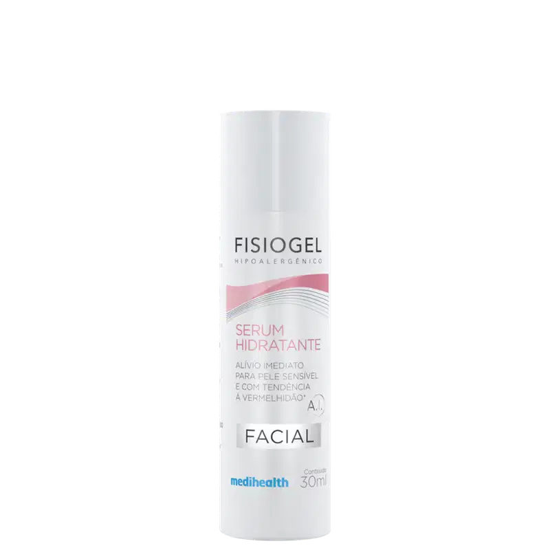Frasco branco cilíndrico com rótulo rosa e branco contendo "FISIOGEL Serum Hidratante Facial" com 30ml de conteúdo.