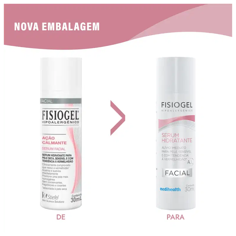 A imagem apresenta uma nova embalagem de produtos da marca Fisiogel, com sérum facial calmante.